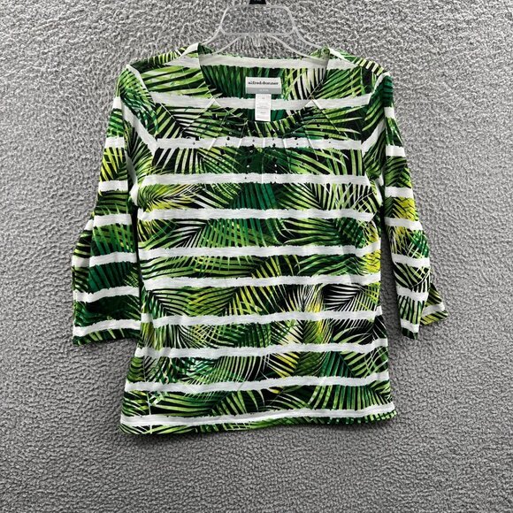Alfred Dunner Womens Top Small Petite Green White‎ Striped Fern Print Shirt - Picture 1 of 9